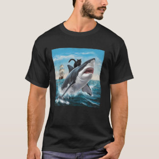 Camiseta Gato Montado Em Tubarão Humorístico Divertido Home