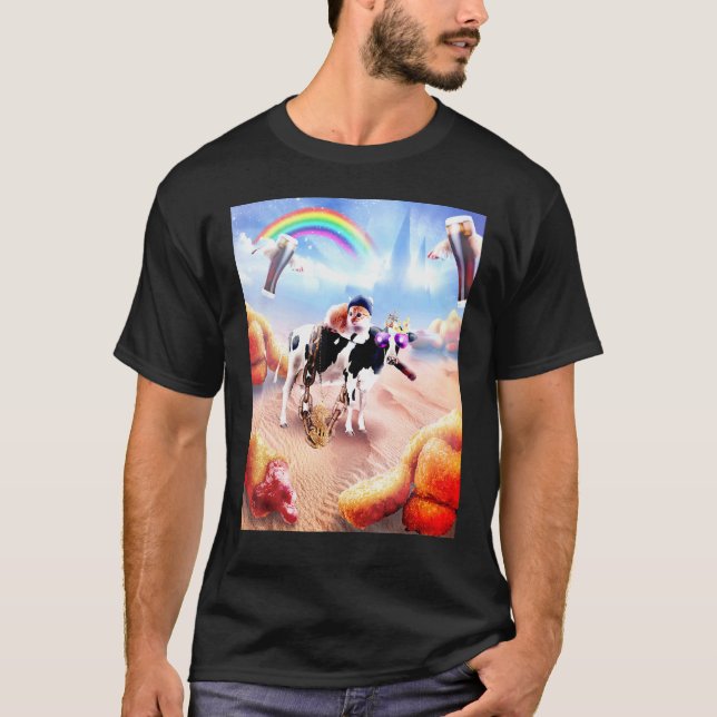 Camiseta Gato Montado em Vaca Com Nuggets de Frango E Cola (Frente)