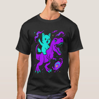 Camiseta Gato Montando Dinossauro T-Rex Amante de Gatinho E
