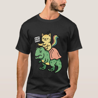 Camiseta Gato Montando Dinossauro T-Rex Amante de Gatinhos 