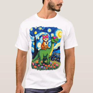 Camiseta Gato Montando Dinossauro T-Rex Noite Estrelada Ama