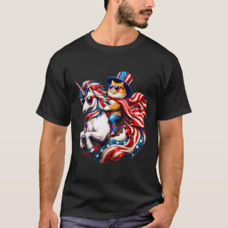 Camiseta Gato Montando Unicórnio Bandeira Dos EUA Patriótic