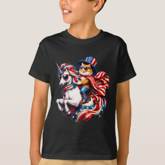 Camiseta Gato Montando Unicórnio Bandeira EUA Patriótico 4 