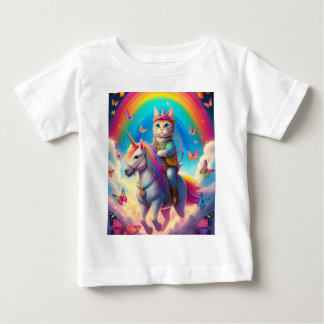 Camiseta Gato Montando Unicórnio com Arco-íris e Borboletas
