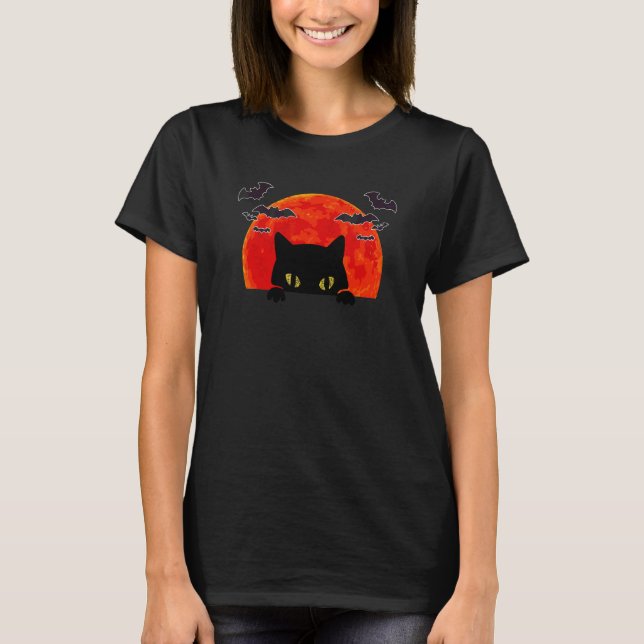 Camiseta Gato Morcego Preto Assustador Noite de Lua Cheia H (Frente)