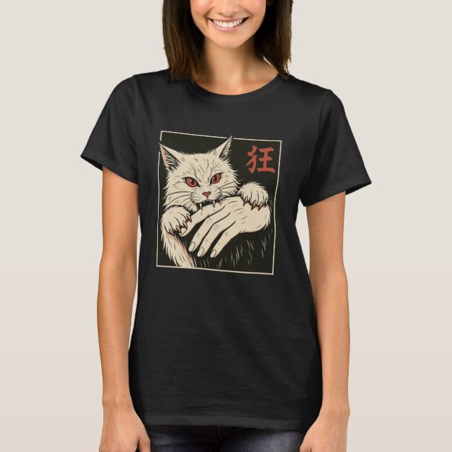 Camiseta Gato Mordendo Mão Japonês (Frente)