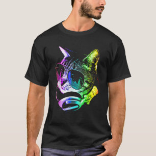 Camiseta Gato Música Arco-íris Com Óculos De Sol E Fone De