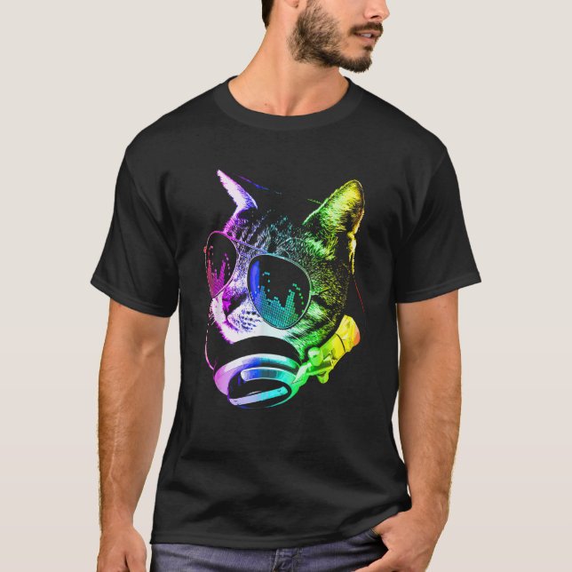 Camiseta Gato Música Arco-íris Com Óculos De Sol E Fone De  (Frente)