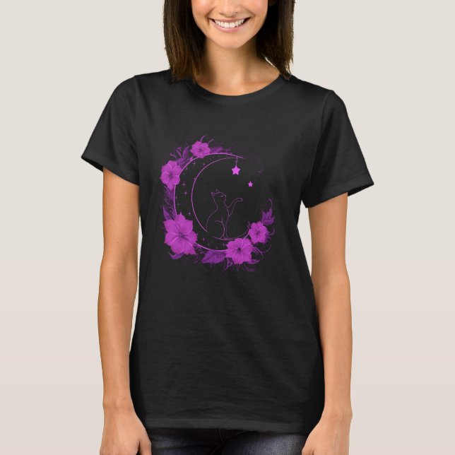 Camiseta Gato na Lua Estrelas Florais Noturnas para Mulhere (Frente)