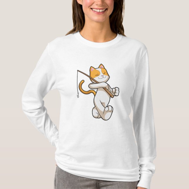 Camiseta Gato na pesca com vara de pesca (Frente)