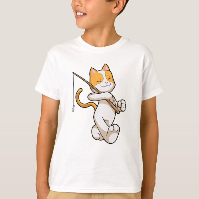 Camiseta Gato na pesca com vara de pesca (Frente)