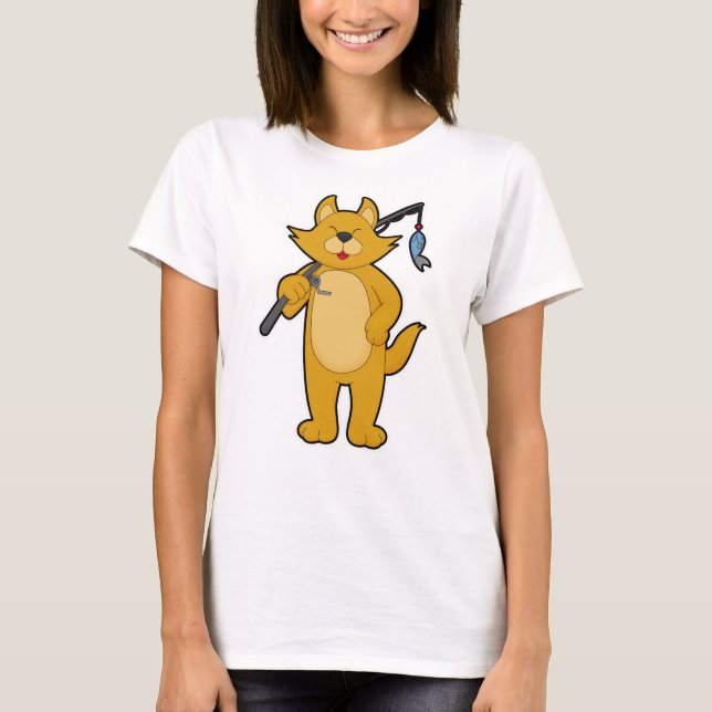 Camiseta Gato na pesca com vareta de pesca e peixe (Frente)