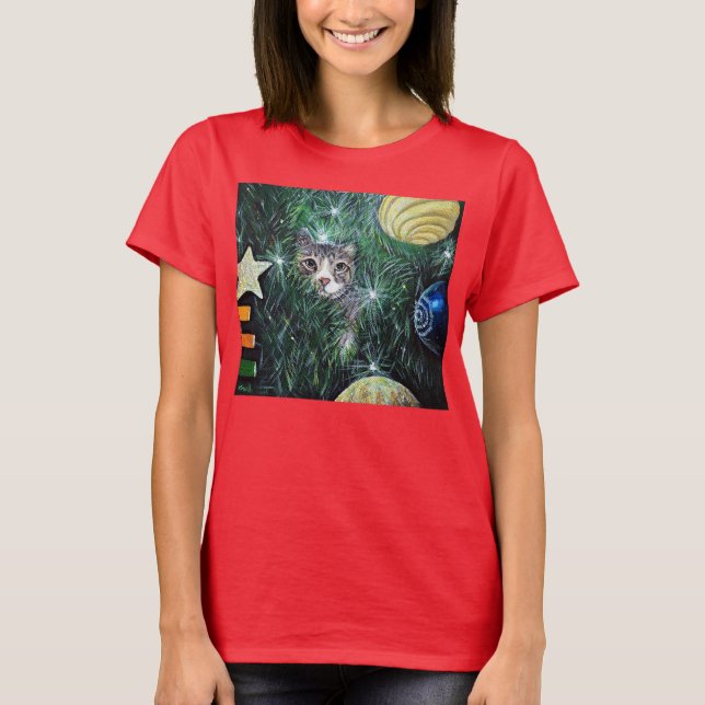 Camiseta Gato na pintura da árvore de Natal (Frente)