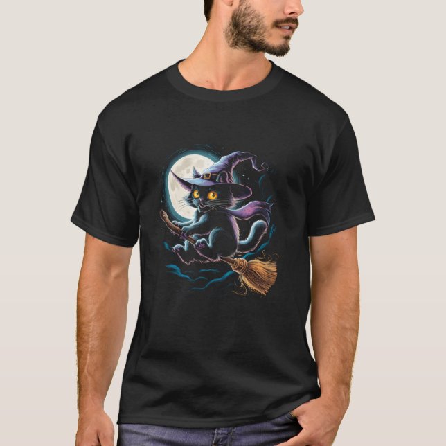 Camiseta Gato Negra Testemunha em um Vassoura com Lua Cheia (Frente)