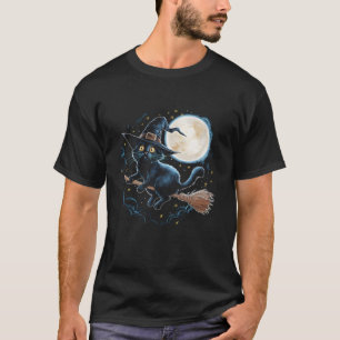 Camiseta Gato Negra Testemunha em um Vassoura com Lua Cheia