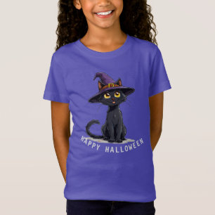 Camiseta Gato Negro Adorável Vestindo um Chapéu de Bruxa