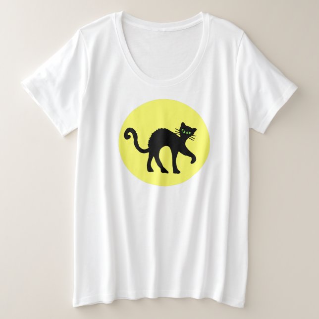 Camiseta Gato Negro Arrastou Olhos Verdes Grande Lua Amarel (Frente do Design)