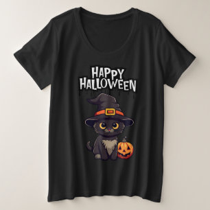 Camiseta Gato Negro Assustador Bonito Com Pumpkin Jack O La