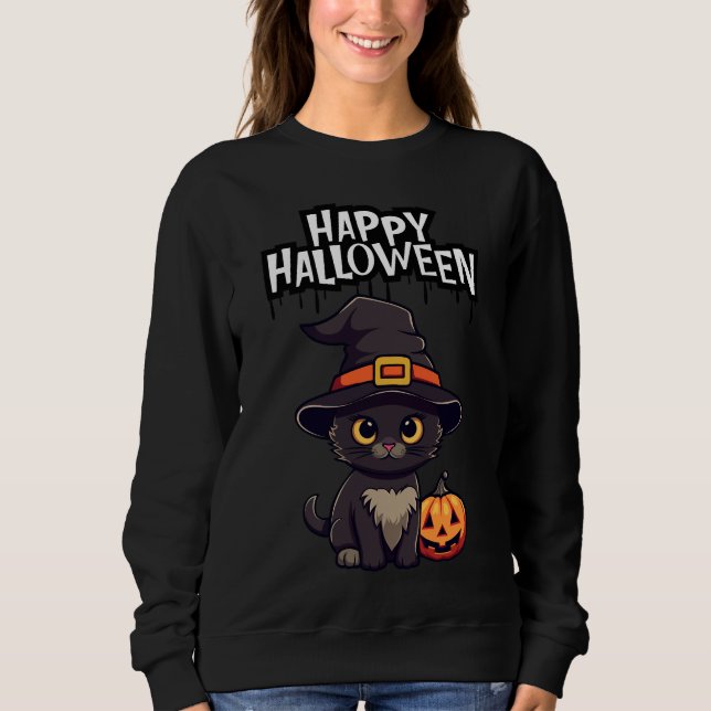 Camiseta Gato Negro Assustador Bonito Com Pumpkin Jack O La (Frente)