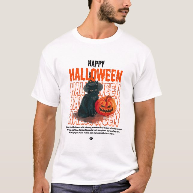 Camiseta Gato Negro Bonito com Abóbora |Maldito Feliz Hallo (Frente)