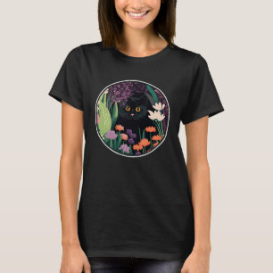 Camiseta Gato Negro Bonito Escondendo-se em Flores de prima
