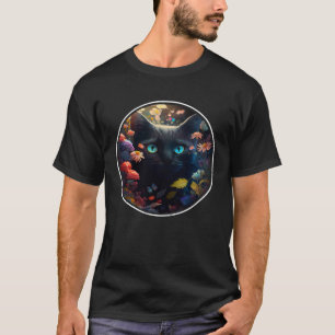 Camiseta Gato Negro Bonito Escondendo-se em Flores de prima