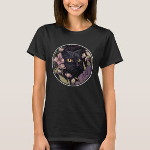 Camiseta Gato Negro Bonito Escondendo-se em Flores de prima