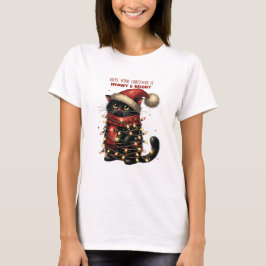 Camiseta Gato Negro Bonito Tangido em Luzes de Natal