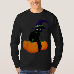 Camiseta Gato Negro com chapéu e abóboras para o Dia das 