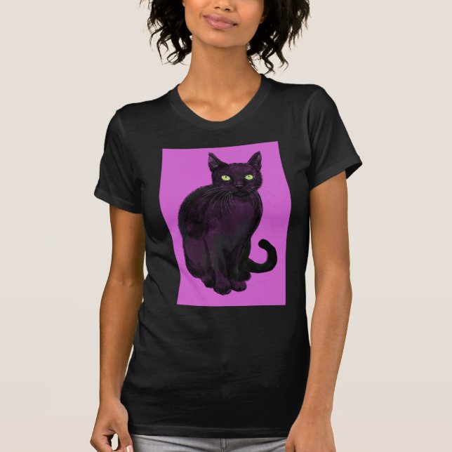 Camiseta Gato negro com fundo fuchsia (Frente)