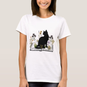 Camiseta Gato Negro com Livro Floral