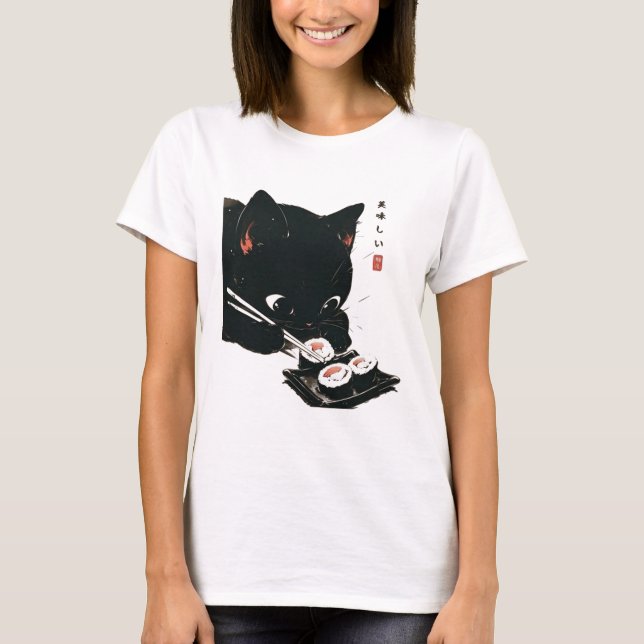 Camiseta Gato Negro Comendo Sushi - Gato Japonês (Frente)
