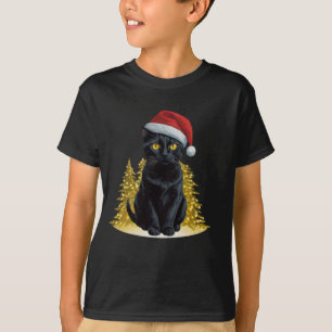 Camiseta Gato Negro de Natal bonito em Luzes de Led Santa H