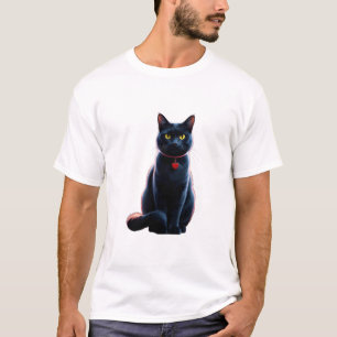 Camiseta Gato Negro Elegante com Charme Cardíaco