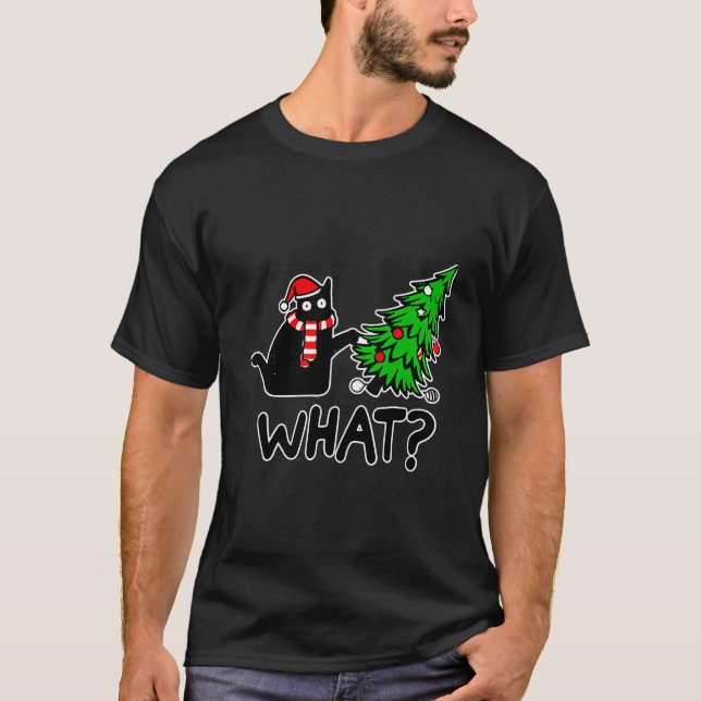 Camiseta Gato Negro Empurrando Árvore de Natal Que Luzes De (Frente)