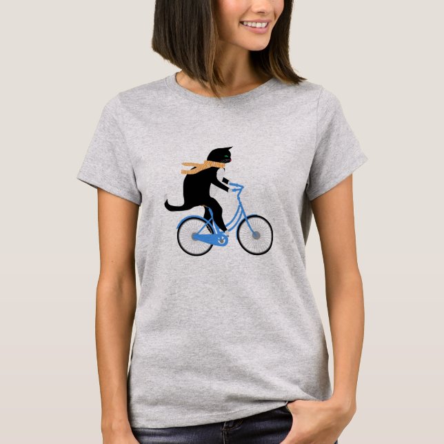 Camiseta Gato Negro Engraçado Andando De Bicicleta (Frente)