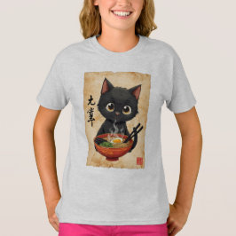 Camiseta Gato Negro Engraçado Comendo Ramen Cuide Kawaii Ja