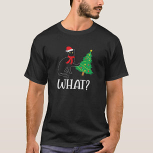 Camiseta Gato Negro Engraçado Puxando Árvore De Natal Sobre