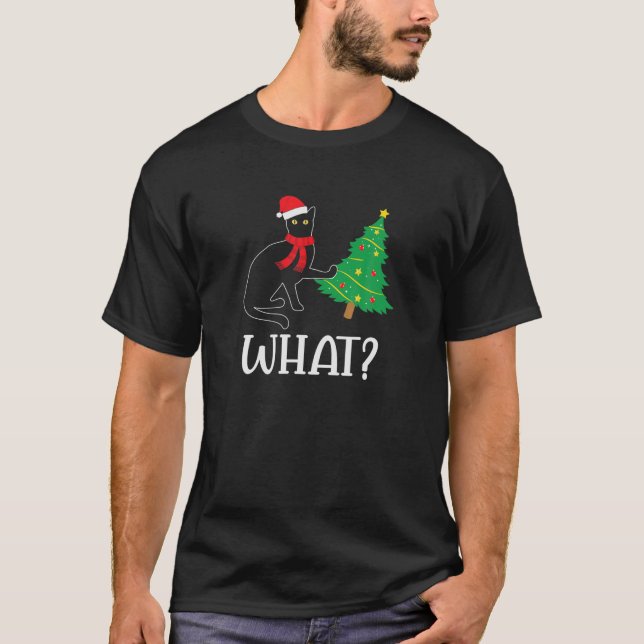 Camiseta Gato Negro Engraçado Puxando Árvore De Natal Sobre (Frente)