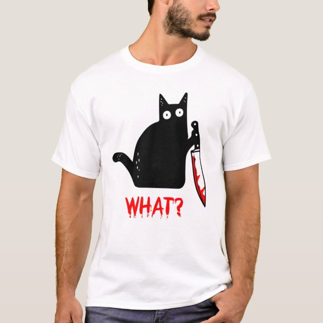 Camiseta Gato Negro Engraçado Que Gato Assassino Segurando  (Frente)
