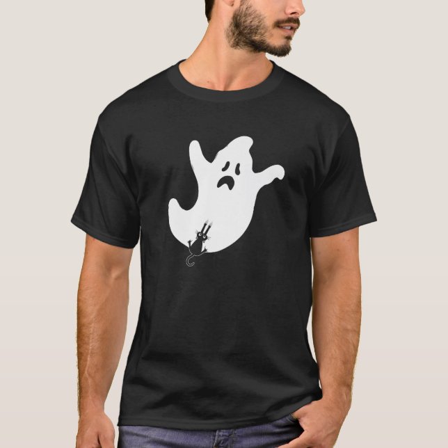 Camiseta Gato Negro Engraçado Sofrendo Espírito Fantasma (Frente)