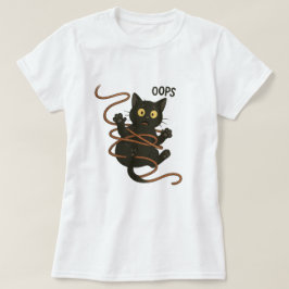 Camiseta Gato Negro Engraçado Tangido em Corda - Cartoon Bo