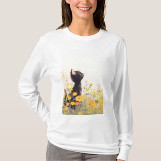 Camiseta Gato Negro Entre as Flores