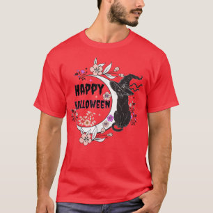 Camiseta Gato Negro Feliz Bruxa de Halloween Cheia Lua, Gat
