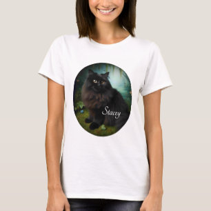 Camiseta Gato Negro Fluffy na Frente do Nome da Floresta Mi