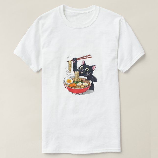 Camiseta "Gato Negro Fome com Ramen" (Frente do Design)
