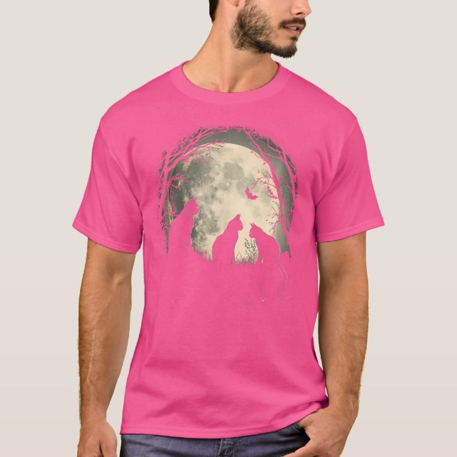 Camiseta Gato Negro Halloween - Preto Místico Sobre Lua (Frente)