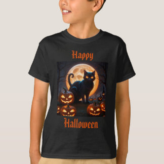 Camiseta Gato Negro Halloween Sob A Lua De Colheita