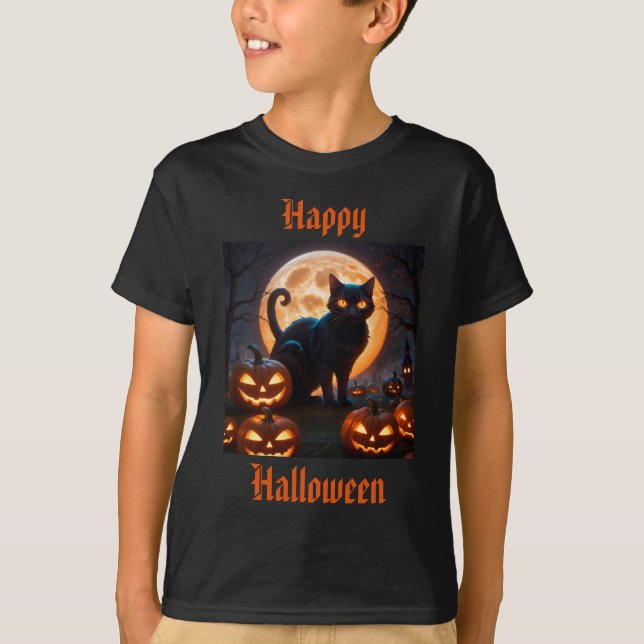 Camiseta Gato Negro Halloween Sob A Lua De Colheita (Frente)