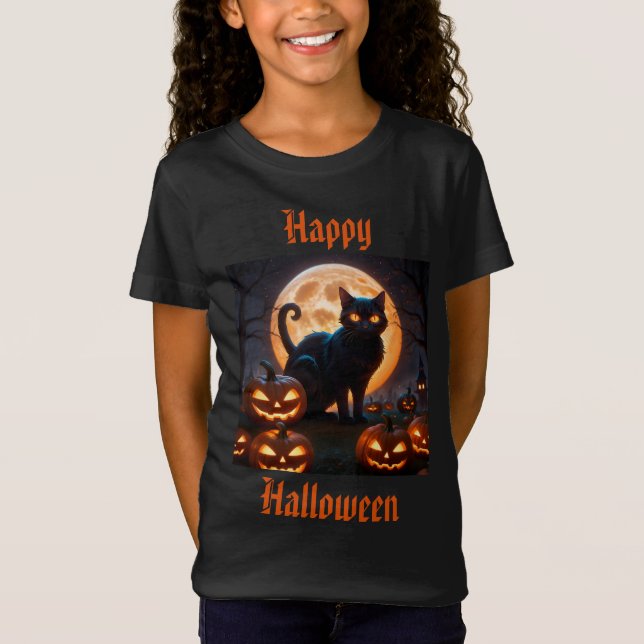 Camiseta Gato Negro Halloween Sob A Lua De Colheita (Frente)